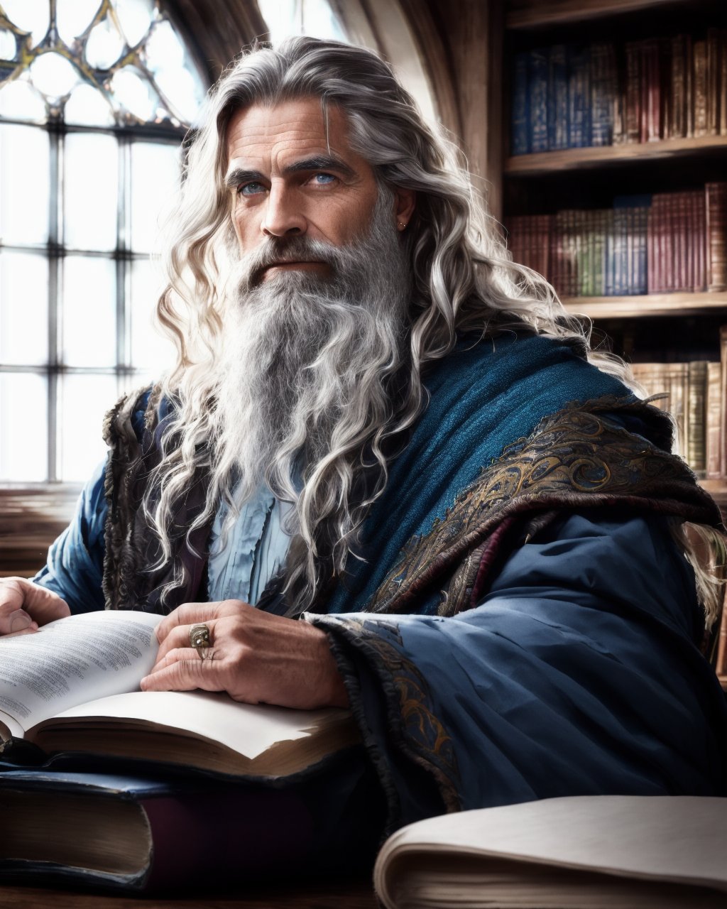 award winning waist up photo of a rugged fantasy wizard, wearing torn wizard robes, old and wrinkled, long white hair and beard, blue eyes, library, books in foreground, large window in background, fantasy, wonder, amazing, magical tools on table in background, bright wizard office or study, high contrast, shiny skin, backlighting, bloom, light sparkles, chromatic aberration, sharp focus,serenity,Realistic