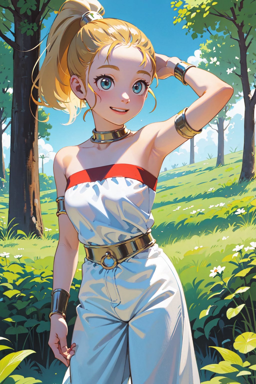 marle, happy, solo, cowboy shot, looking at viewer, ponytail, strapless, armlet, white puffy pants, forest, sky, style parody,  masterpiece, best quality, AGGA_STDB004