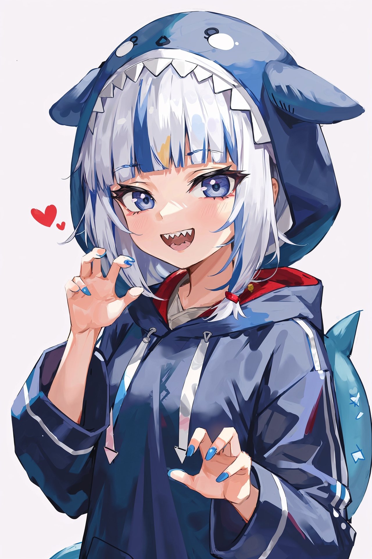 by myung yi, 1girl, gawr gura, sharp teeth, bloop (gawr gura), virtual youtuber, hood, tail, teeth, shark tail, fish tail, blue eyes, multicolored hair, blue hair, blue nails, streaked hair, claw pose, blue hoodie, animal hood, shark hood, open mouth, shark girl, grey hair, looking at viewer, hoodie, smile, long sleeves, bangs, nail polish, white background, simple background, hand up, heart, :d, hood up, blush, medium hair, blunt bangs, wide sleeves, upper body, drawstring, semi-realistic