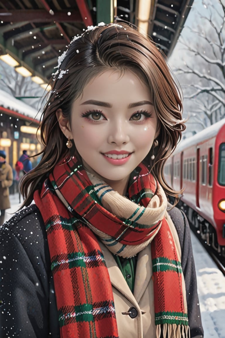 (masterpiece, best quality, photorealistic, ultra-detailed, finely detailed, high resolution, 8K wallpaper),I would greatly appreciate it if you could generate ((a close-up portrait))  of ((1 beautiful woman)), laughing, look at the viewer, ((wearing a scarf with red-based plaid patterns)), ((a beige duffel coat)), earrings, standing on the platform waiting for a train, snowing heavily, at a rural station, perfect dynamic composition, beautiful detailed eyes, realistic detailed skin texture, detailed hair, sharp focus, asian girl,photo r3al,detailmaster2,aesthetic portrait