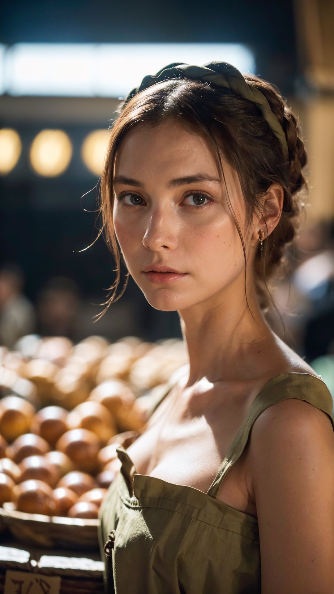 A medieval peasant girl in a crowded medieval marketplace, ultra high quality, real image, realistic, real-life skin, dynamic lighting, cinematic, (hyperrealism:1.2), (8K UHD:1.2), (photorealistic:1.2), shot with Canon EOS 5D Mark IV,FFIXBG,horror