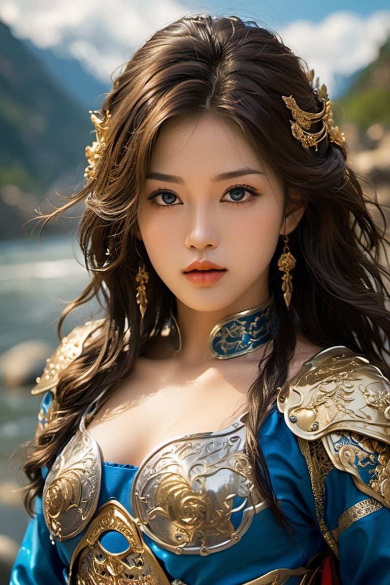 A beautiful young woman ,very long hair,sexy two piece armor,the image showcases her entire body. decorated with intricate gold patterns. Her armor drapes elegantly over her curvy figure, opened mouth romantically,  sexy exprestion, charming beauty,happy expression ,(uncovered), fully exposed,naked,blue eyes, wet body,Towering over mountains and rivers.,More Detail,Sexy Women ,wonder beauty ,photo r3al,colourful, kimono,asian