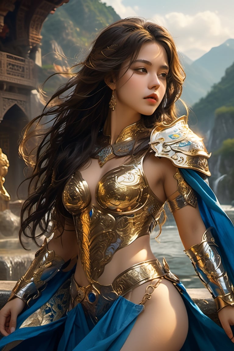 A beautiful young woman ,very long hair,sexy two piece armor,the image showcases her entire body. decorated with intricate gold patterns. Her armor drapes elegantly over her curvy figure, opened mouth romantically,  sexy exprestion, charming beauty,happy expression ,(uncovered), fully exposed,naked,blue eyes, wet body,Towering over mountains and rivers.,More Detail,Sexy Women ,wonder beauty ,photo r3al,colourful