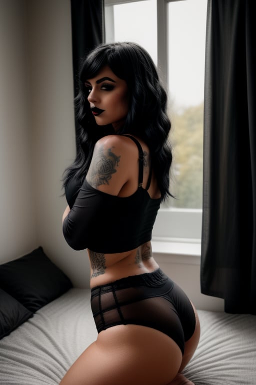 A goth-inspired beauty stands at the edge of a black bed, surrounded by closed curtains that cast deep shadows on her porcelain skin. Raven-black hair cascades down her back as she leans against the frame, one hand tangled in its locks. A crop top and high-waisted black panties create a striking visual contrast against the dark bedding. Her navel is pierced, and medium- sized breasts are visible above the shirt's low cut. Bare feet and a tattooed leg add to the edgy vibe. Black eyes and lips provide a dramatic finish as she gazes out at the window behind her, which filters in soft, muted light from the day outside.