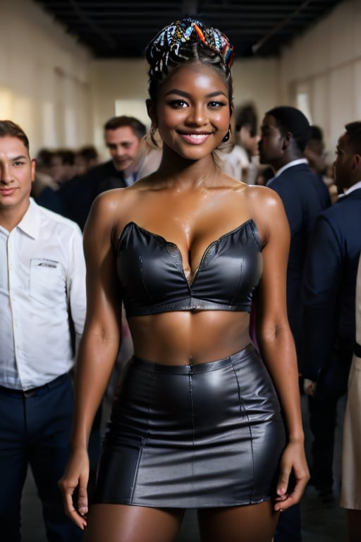 A photorealistic portrait of an 18-year-old African Queen stands directly in front of the viewer, dominating the frame with her radiant presence. She's naked. Her warm, loving smile spreads across her face, drawing the eye upwards to meet her detailed, sparkling eyes that seem to hold a thousand stories within them. The soft lighting of the crowded room highlights the texture of her dark skin, while the composition draws attention to her perfect hands and captivating gaze.