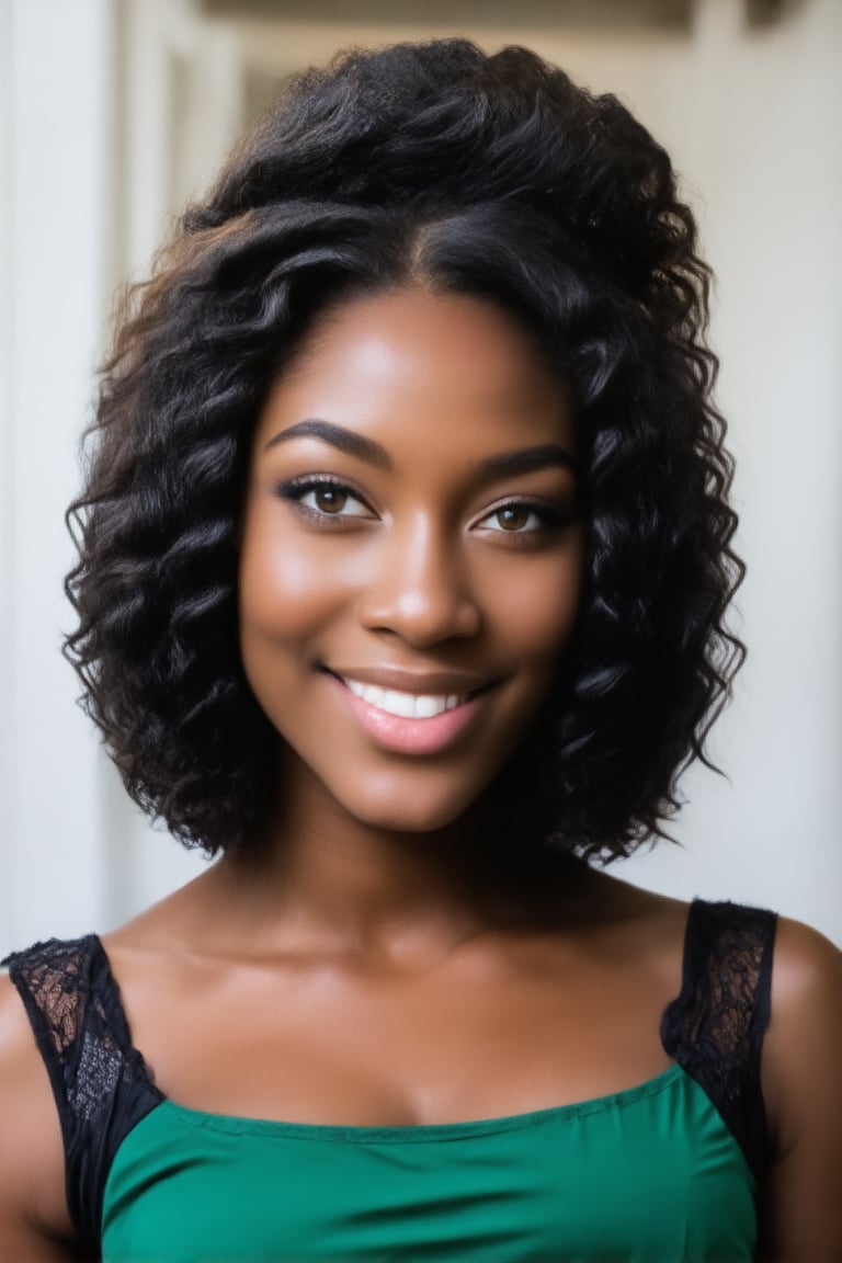 The image is a (((full body portrait))) of a young black woman, 18 years old, with striking features. She has s dark skin, high cheekbones, and a warm, inviting smile that reveals pearly white teeth. Her bright brown eyes are the centerpiece of the image, giving a sense of depth and vitality. Her  hair is styled in a casual manner with some strands elegantly framing her face. She wears a black top with a hint of lace detail, suggesting a blend of comfort and sophistication. The lighting in the photo highlights her facial features and complements her complexion, adding to the overall allure and friendly aura of the image.



 
she radiates warmth and love, her smile spreading across her face as if inviting the viewer in. Her sparkling eyes, detailed with intricate nuances, seem to hold a thousand stories within them, drawing the eye upwards towards their radiant depths.,18 years old,(((photorealism:1.4))),African Queen