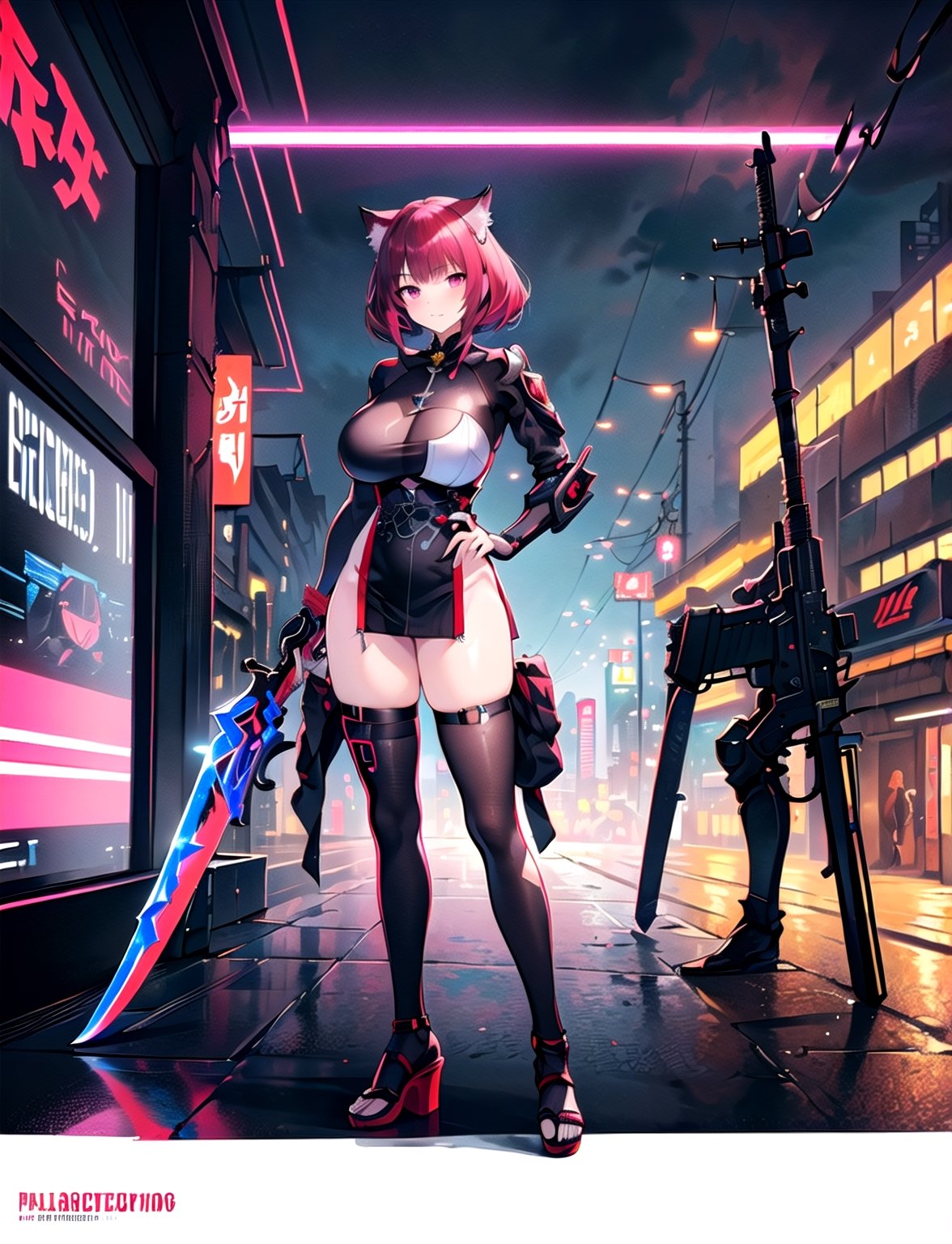 (best quality, 4k, 8k, highres, masterpiece:1.2), ultra-detailed, ((cat girl)), ((burgundy hair)), (((full body))), ((standing pose)), ((((sexy battle cyberpunk outfit)))), ((detailed clothes)), ((((carrying a big beautiful weapon)))), ((detailed weapon)), ((fully detailed)), illustration, vivid colors,raidenshogundef