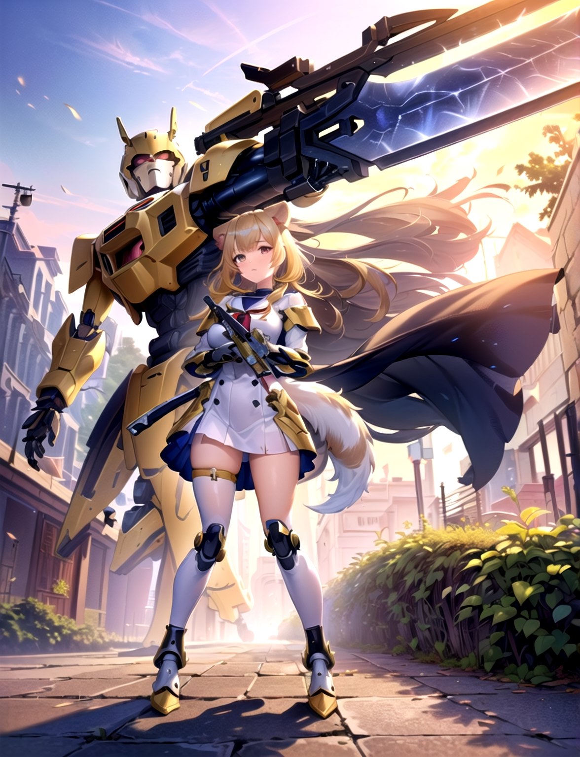 (best quality, 4k, 8k, highres, masterpiece:1.2), ultra-detailed, (((dog girl))), (((gold hair))), (((full body))), ((standing pose)), ((((sensual battle mecha armor)))), ((detailed clothes)), ((((carrying a big beautiful weapon)))), ((detailed weapon)), ((fully detailed)), illustration, vivid colors,ik1