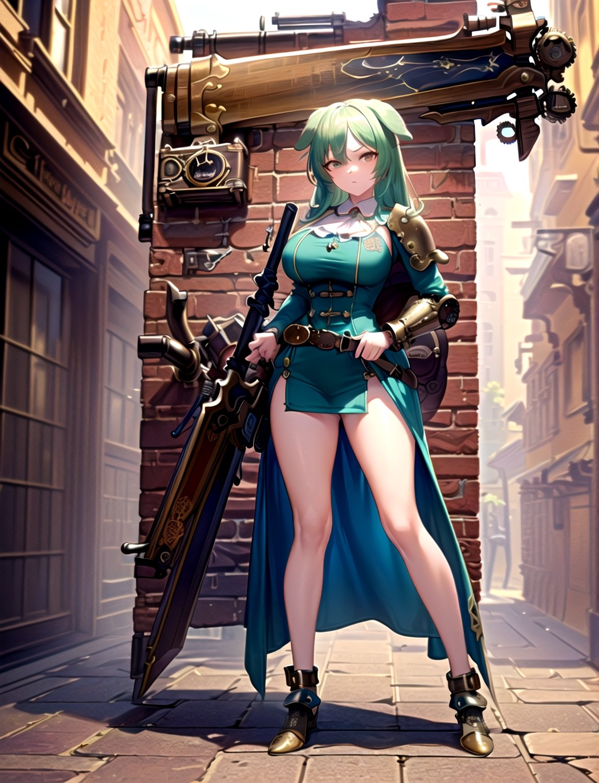 (best quality, 4k, 8k, highres, masterpiece:1.2), ultra-detailed, (((dog girl))), (((jade hair))), (((full body))), ((standing pose)), ((((sensual battle steampunk armor)))), ((detailed clothes)), ((((carrying a big beautiful weapon)))), ((detailed weapon)), ((fully detailed)), illustration, vivid colors,ik1