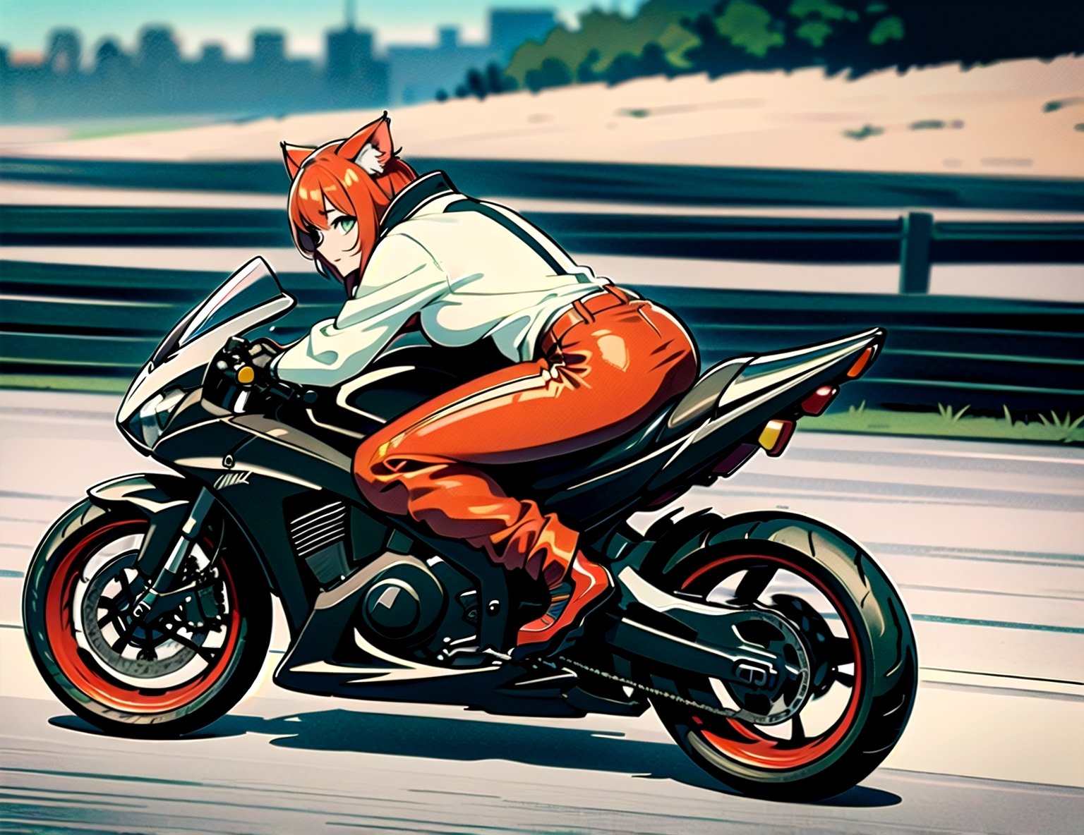 (best quality,4k,8k,highres,masterpiece:1.2),ultra-detailed, ((cat girl)), ((perfect body)), ((casual clothes)), ((riding a motorcycle)), ((at high speed)), ((blurred scenery)), ((custom motorcycle)), ((perfect bike)), ((street racer)), ((beautiful paintjob)), ((fully detailed)), illustration, vivid colors,miya