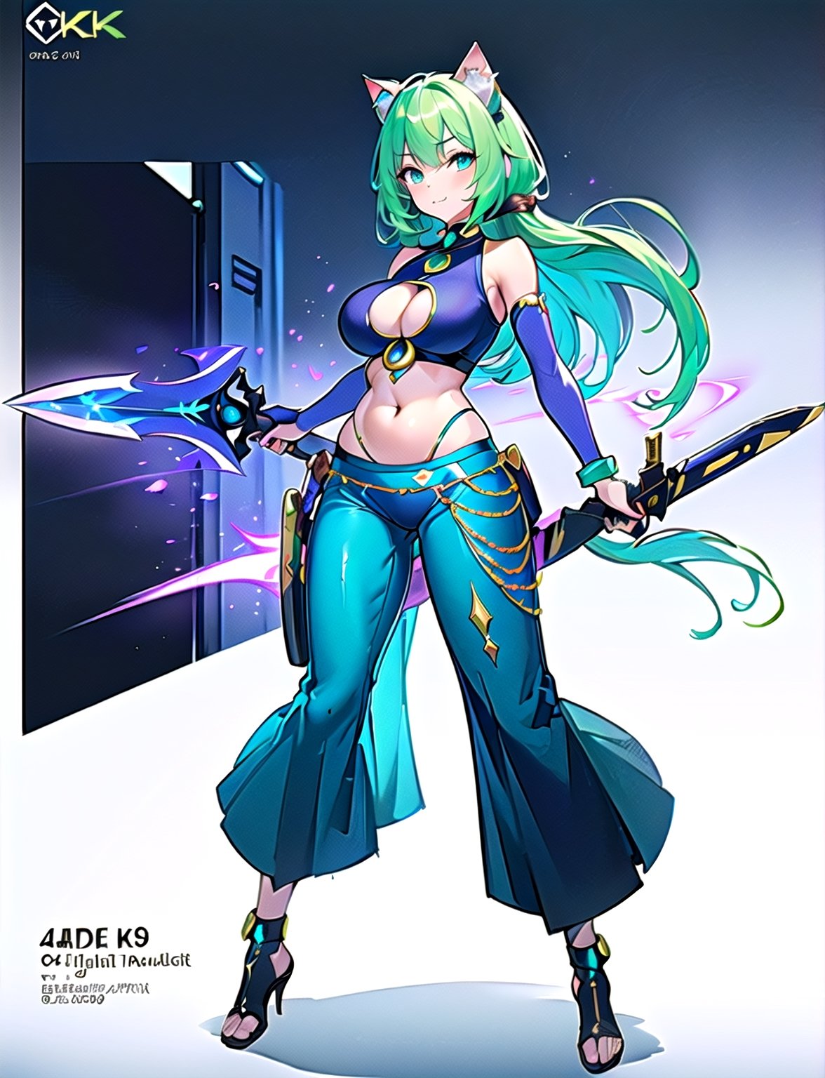 (best quality, 4k, 8k, highres, masterpiece:1.2), ultra-detailed, (((cat girl))), (((jade hair))), (((full body))), ((standing pose)), ((((sexy futuristic genie belly dancer pants)))), ((detailed clothes)), ((perfect clothes)), ((((carrying a big beautiful weapon)))), ((detailed weapon)), ((perfect weapon)), ((fully detailed)), illustration, vivid colors,filian