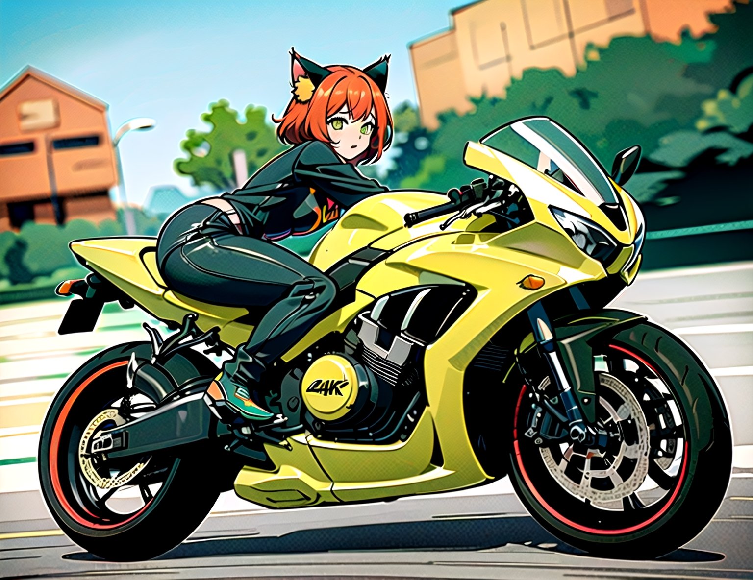(best quality,4k,8k,highres,masterpiece:1.2),ultra-detailed, ((cat girl)), ((perfect body)), ((casual clothes)), ((riding a motorcycle)), ((at high speed)), ((blurred scenery)), ((custom motorcycle)), ((perfect bike)), ((street racer)), ((beautiful paintjob)), ((fully detailed)), illustration, vivid colors,miya,round ass