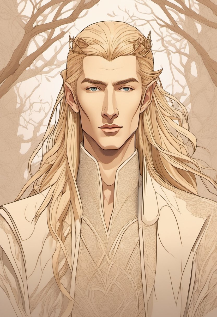 Create a stunning portrait of an elven king with long, smooth, blonde hair, fair skin, and elegant attire. He should be seated on a throne made of wooden branches with organic shapes. The artwork should be aesthetically pleasing and feel like a masterpiece, showcasing a beautiful color palette with an elvish touch. Render the portrait in a cel-shading style with line art, emphasizing the interplay of lights and shadows