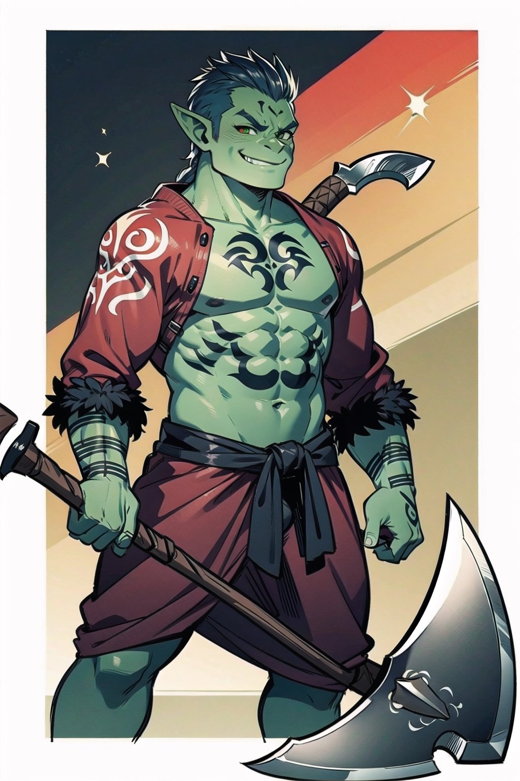 a beautiful orc, barbarian, nice tattoos, skull shoulder, great axe, scare smiling
