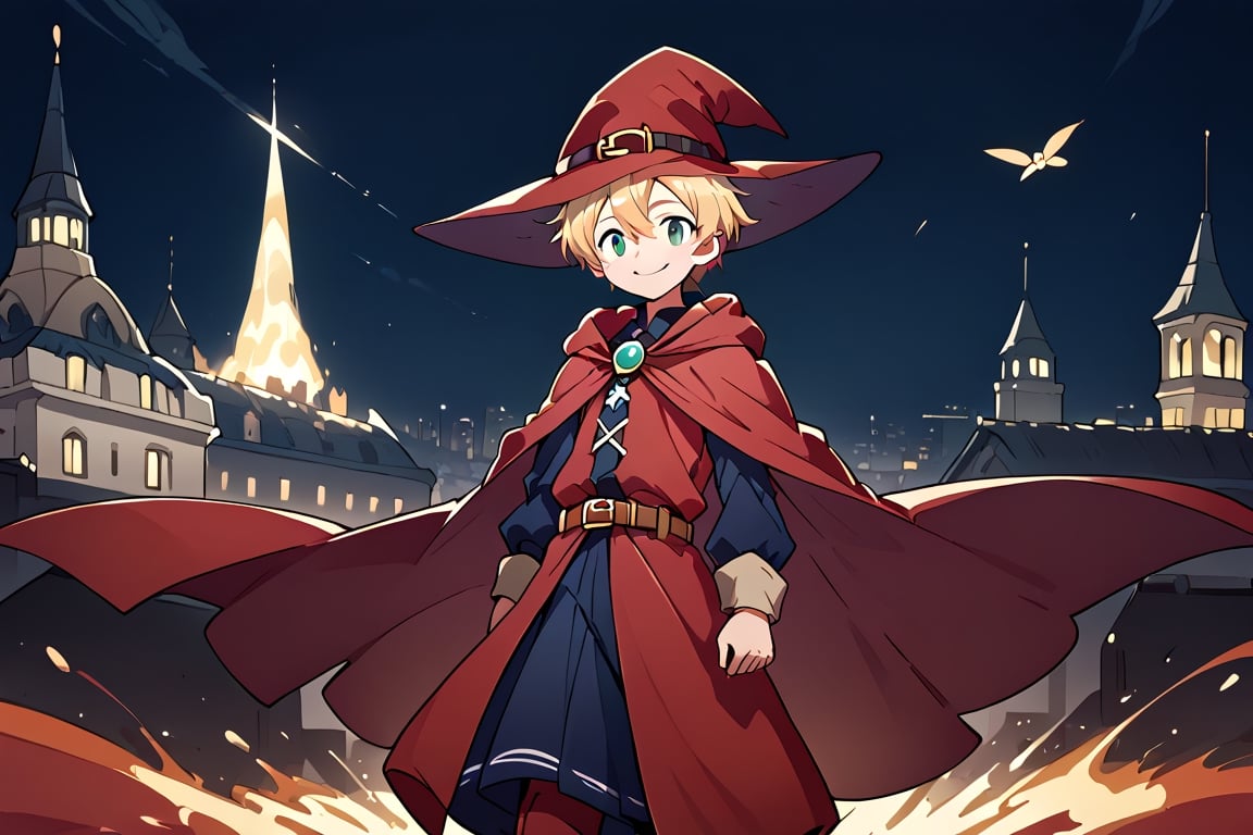 Generate an image of a blond 15-year-old boy wearing a dark red witch hat and cloak. He should be dressed in comfortable yet adventurous clothing, with boots and a belt adorned with fire symbols. Beside him, a floating magic book accompanies him. The boy should have a mischievous and youthful smile, as he is a young wizard strolling through the dangerous nighttime streets of a city filled with thieves. The scene should convey a sense of intrigue and adventure, with details reflecting the nocturnal and mysterious atmosphere of the city.