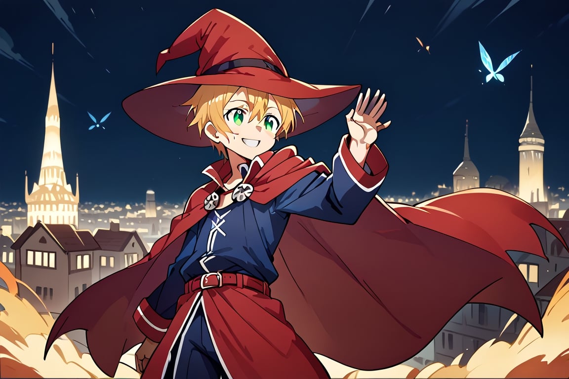Generate an image of a blond 15-year-old boy wearing a dark red witch hat and cloak. He should be dressed in comfortable clothing suitable for an adventurer, including boots and a belt adorned with fire symbols. A magic book should be depicted flying beside him. The boy should have a mischievous and youthful smile, as he is a young wizard strolling through the dangerous nighttime streets of a city filled with thieves. The scene should convey a sense of intrigue and adventure, with details reflecting the nocturnal and mysterious atmosphere of the city. The boy's pose should be dynamic, as if he is either flying or floating in a dynamic manner, or landing from flight, evoking a sense of motion and action. The image should close up on this pose to emphasize the dynamic nature of the scene,eugeo_sao