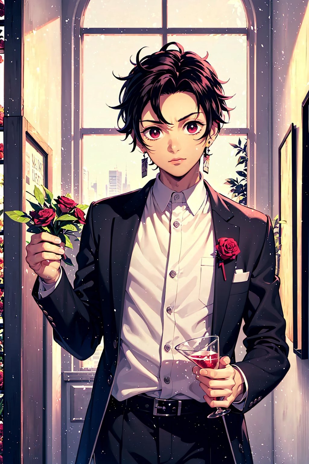 Beautiful,1boy,16k,solo,business suit,rose in hand