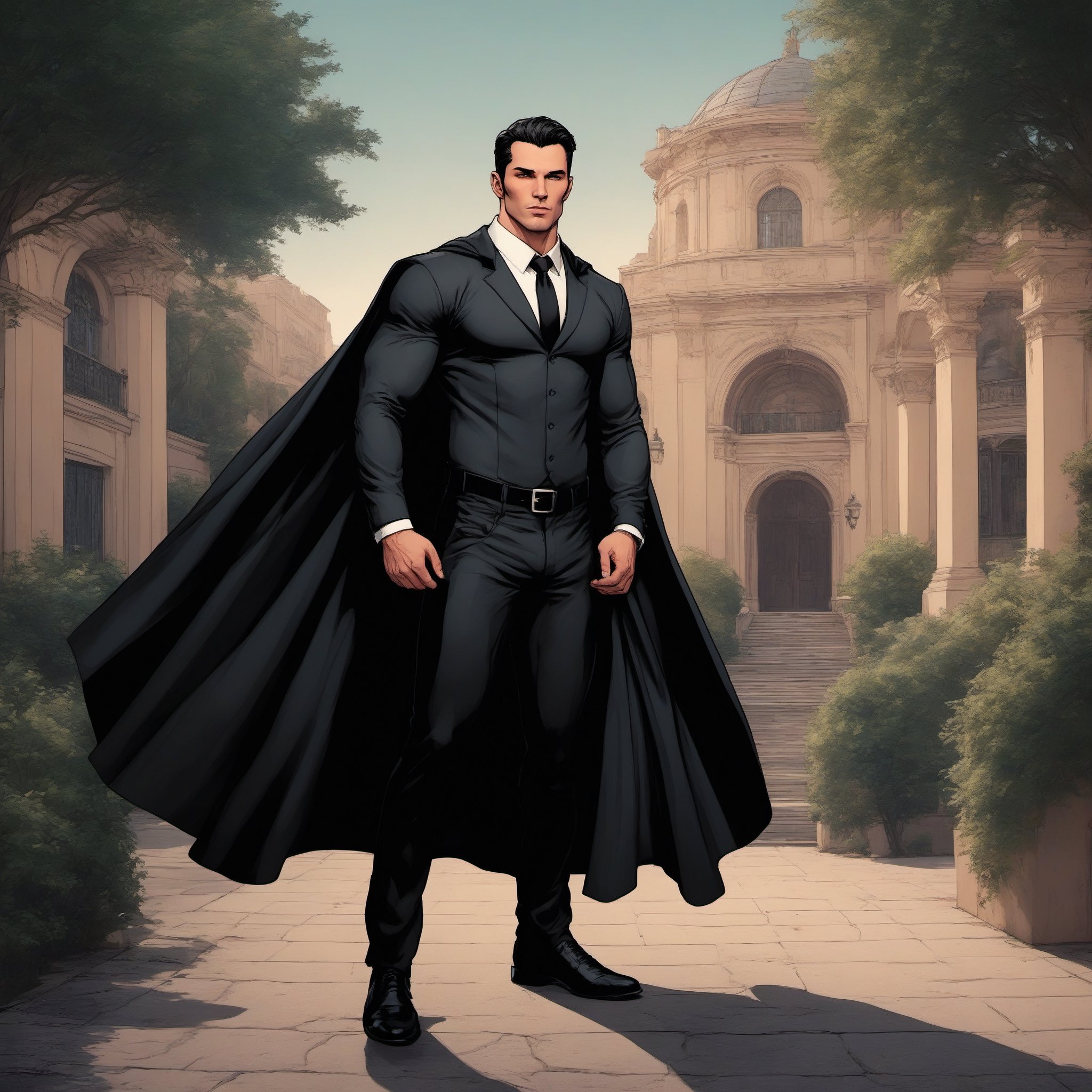 photorealistic ,style comic book, papi kocic, paul telfer, addonis_looking ,  full body ,black cape ,beefcake , ultra-attractive ,  full length attractive,having-cape, garden , forest , man, tuxedo , zoomed-out ,jet-black cape ,atmospheric , attractive ,beefcake, wide scene ,business-suit ,  scenery ,menswear ,arches ,  market fountain , walkway , photogenic , refined , cape attached with straps under his armpits ,,hunk,photogenic ,detailed, gay in love , masculine , musceld, handsome attactive , cape attached with straps under arms ,defined upturned nose , masculine nose , hispanic , both wearing a long cape, southern european caucasian , both clad in a cape , ultra attractive , male vampire , seductive, satin shirt , disconected-goatee , no deformation , no face distortion , romantic , no cape collar , cape attached with fabric , cape attached with clasp , refined, city , cape attached with button , cape attached with fabric ,