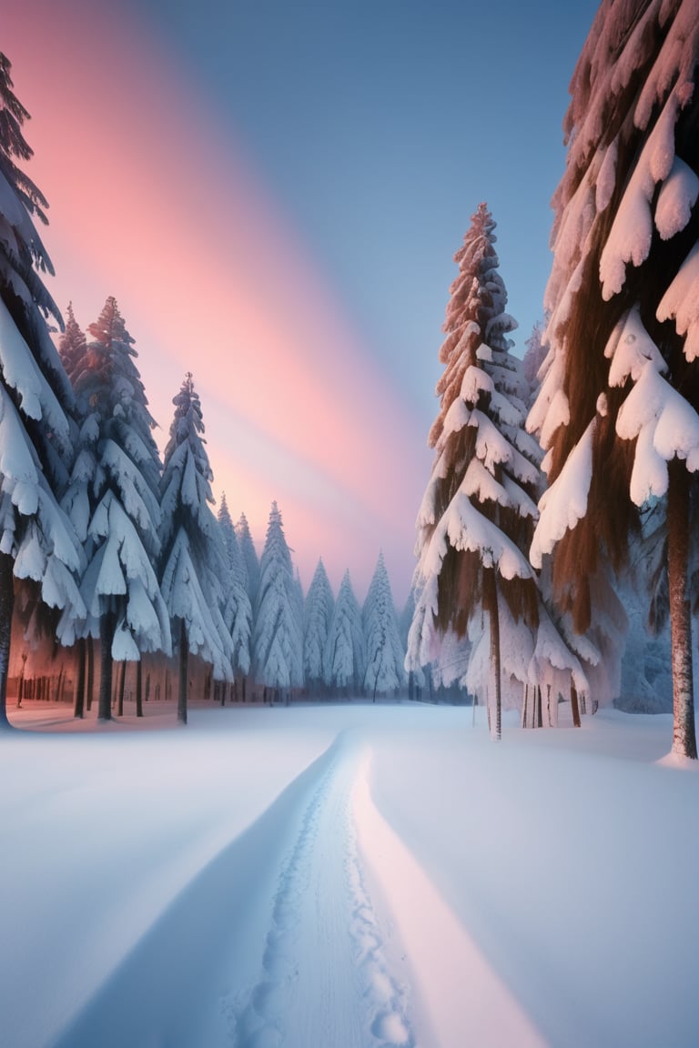 A peaceful landscape of a snowy forest at dawn, the trees heavy with fresh snow. The sky is a pale blue, with the first light of the day just peeking over the horizon. The scene is quiet and serene, with the only color being the soft pink of the early morning light. Shot with a large format camera for maximum detail in the snow’s texture.




