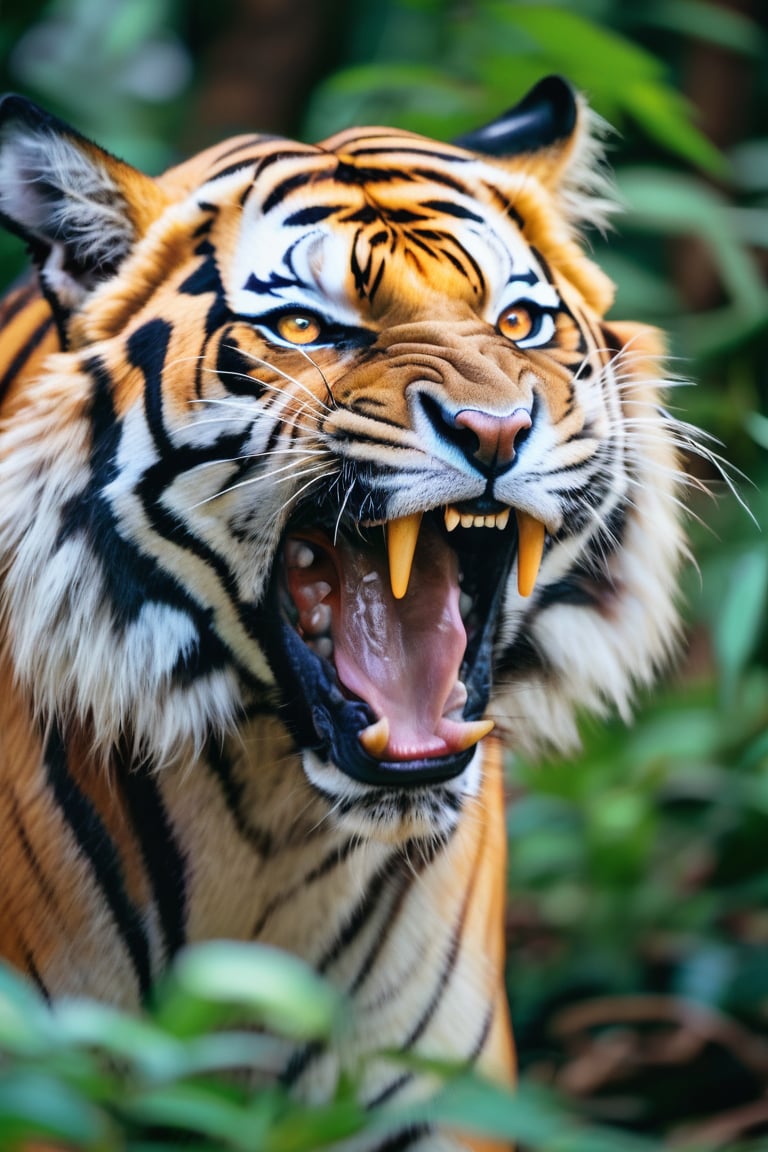 A close-up of a Bengal tiger mid-roar, its fur bristling and eyes fierce. The background is a dense jungle, with dappled light filtering through the canopy. The contrast between the tiger’s orange fur and the green foliage is stark, creating a powerful and dynamic image. Shot with a telephoto lens, capturing every whisker in detail.









