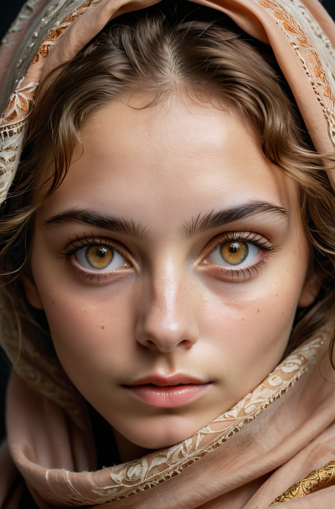 a photorealistic portrait of a stunningly beautiful woman without make-up, extremely detailed light hazel eyes, detailed symmetric realistic face, natural skin texture, extremely detailed skin with skin pores, peach fuzz, messy hair, wearing shawl over her head, masterpiece, absurdres, award winning photo by lee jeffries, nikon d850 film stock photograph, kodak portra 400 camera f1.6 lens, extremely detailed, amazing, fine detail, rich colors, hyper realistic lifelike texture, dramatic lighting, unrealengine, trending on artstation, cinestill 800 tungsten, looking at the viewer, photo realistic, RAW photo, TanvirTamim, high quality, highres, sharp focus, extremely detailed, cinematic lighting, 8k uhd
