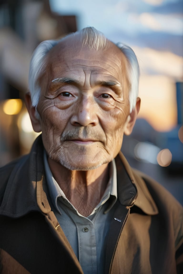 A detailed portrait of an elderly man with deep wrinkles, his face illuminated by soft golden-hour sunlight. The background is a blurred cityscape, enhancing the subject’s worn, expressive features. The lighting highlights his wisdom and age. Photographed with a high-resolution DSLR, fine detail, and a natural color palette.