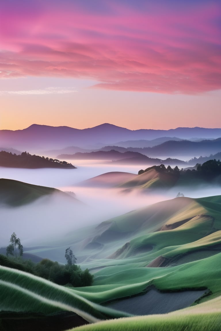 A serene landscape of rolling hills at sunrise, the mist rising from the valleys. The sky is painted in pastel hues of pink and orange, with the first light of day gently illuminating the scene. The focus is on the interplay of light and shadow across the landscape, evoking a sense of peace and tranquility. Captured using a wide-angle lens to emphasize the vastness.