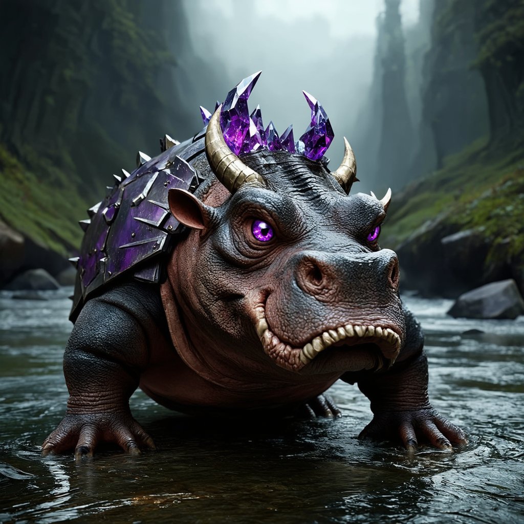 high fantasy, a fantastical creature resembling a heavily armored hippo, it has a sturdy mossy brown body, with patches of exposed slate gray skin, adorned with large violet purple crystalline plate protrusions on its back and head, sharp twisted horns on its snout, and smaller spikes near its piercing purple eyes, all against a hazy dark river valley, , 
