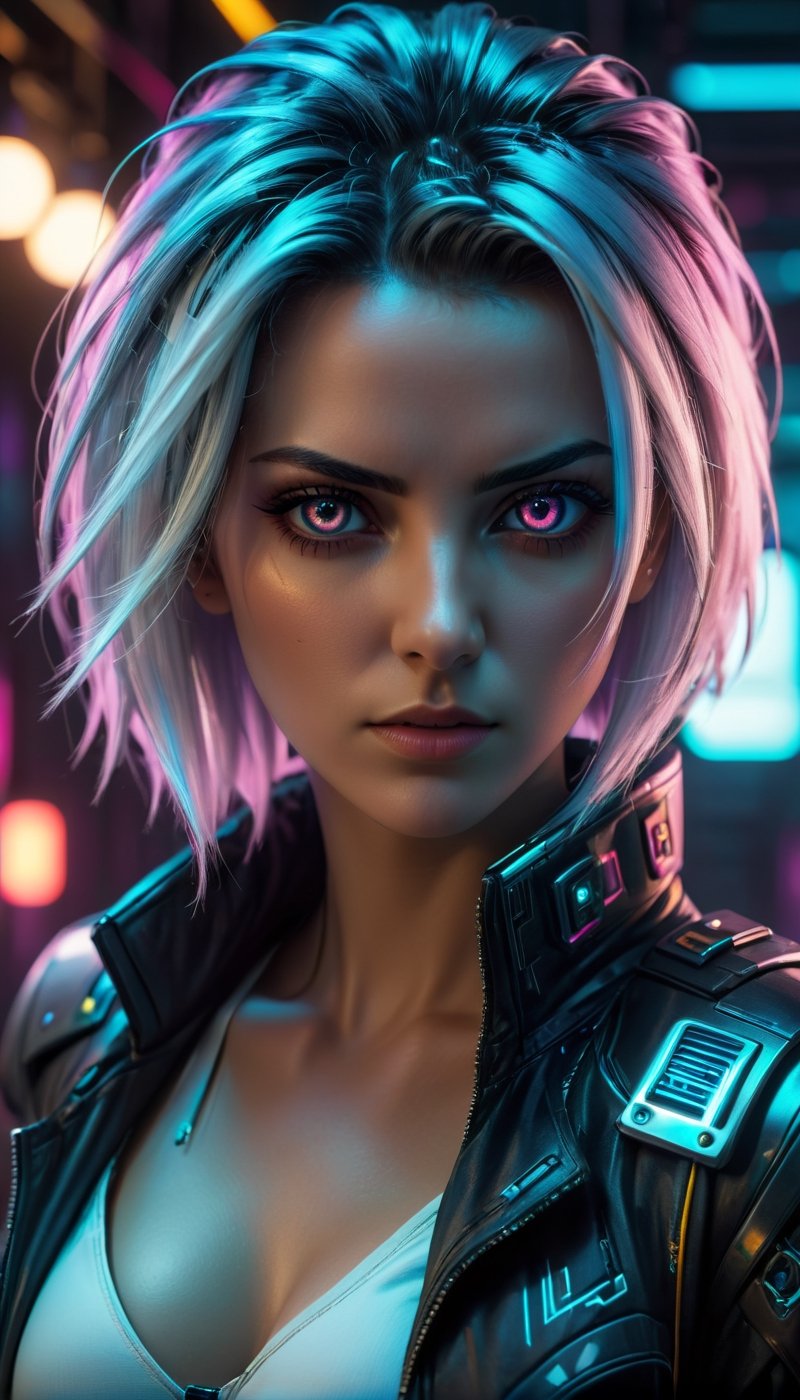 (the best quality),(masterpiece),(details:1.4),a beautiful Cyberpunk female image,thick hair,indoors,eyes staring at the camera,(seven dimensional photo),(line light),HDR (High dynamic range),ray tracing,super resolution,illusion 5,maximum sharpness and sharpness,Octane rating rendering,low ISO,white balance,8K RAW,(high light and dark contrast:2),
