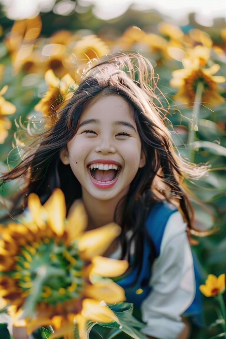 A dynamic portrait of a young girl laughing, her face full of joy. She is surrounded by a field of sunflowers, the bright yellow petals contrasting with her dark hair. The sunlight creates a warm, golden glow that envelops the scene, emphasizing the happiness and carefree nature of the moment. Captured with a fast shutter speed to freeze her movement perfectly.


