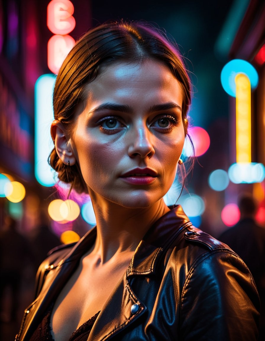 photo of a German-Chilean woman, dark theme, artificial lighting, neon signs, bokeh, cinematic, dramatic, epic
