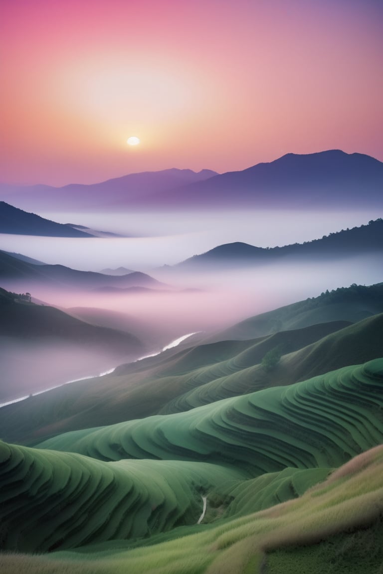 A serene landscape of rolling hills at sunrise, the mist rising from the valleys. The sky is painted in pastel hues of pink and orange, with the first light of day gently illuminating the scene. The focus is on the interplay of light and shadow across the landscape, evoking a sense of peace and tranquility. Captured using a wide-angle lens to emphasize the vastness.