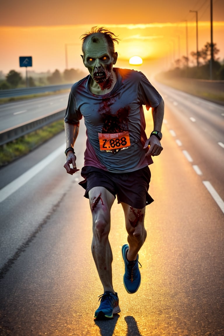 zombie marathon runner,  running on the highway,  sunrise, 
