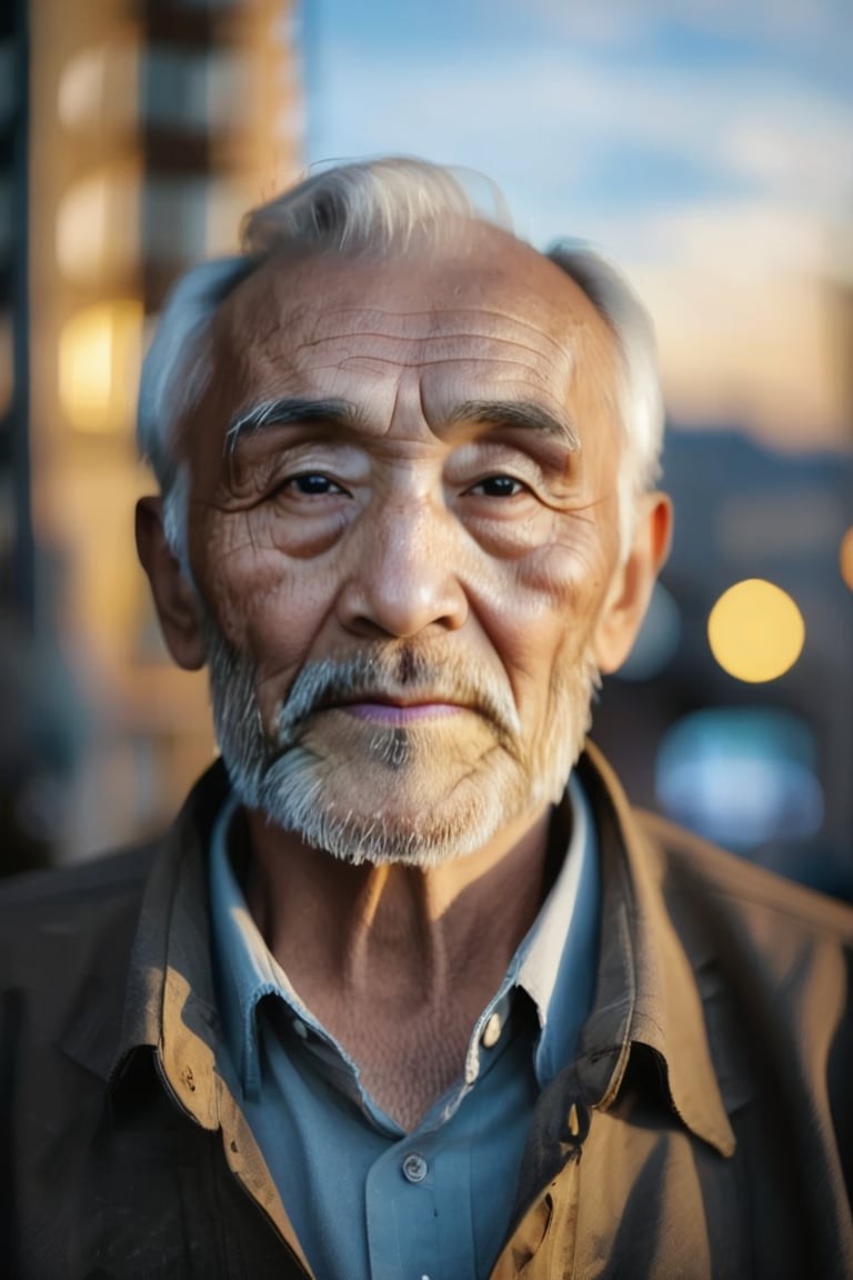 A detailed portrait of an elderly man with deep wrinkles, his face illuminated by soft golden-hour sunlight. The background is a blurred cityscape, enhancing the subject’s worn, expressive features. The lighting highlights his wisdom and age. Photographed with a high-resolution DSLR, fine detail, and a natural color palette.