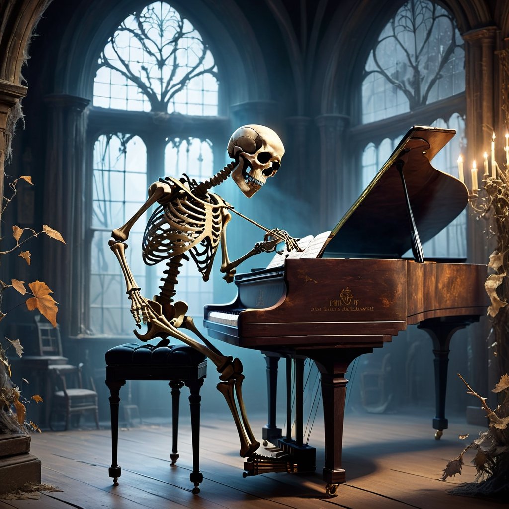 In a dimly lit, eerie hall stood a small ensemble of skeletons, exuding an aura of both macabre and playfulness. The room was adorned with cobwebs, an old, cracked chandelier hanging precariously from the ceiling, and tattered velvet curtains draping the tall, dusty windows.
At the center of the chamber, a worn, wooden stage displayed the bony figures in various positions, as if frozen in mid-performance. On the left, a skeletal musician, adorned with a top hat atop his skull, sat behind a grand piano, his spindly fingers effortlessly dancing across the keys. The empty sockets of his eyes seemed to twinkle mischievously, exuding a sense of joy despite his lifeless state.
To the right of the piano, a tall, lanky skeleton boasting a bow tie with not a single remaining fragment of flesh draped over his ribcage leaned against a double bass, seemingly alive with the melody. Although void of muscles, his bony hands plucked the strings with incredible precision, reverberating low and hauntingly throughout the hall.
Nearby, a ghoulish, grinning skeleton clutched a translucent trumpet with a tangled series of vines and twisting thorny branches seamlessly woven through its empty ribs. As he blew through the instrument with an ethereal breath, the sound resonated with an otherworldly elegance, filling the air with melancholic tones.
Completing the ensemble, a quartet of skeletal musicians stood in harmony at the rear. The first one, holding a violin with its bow resting lightly against the strings, appeared as if caught mid-note, his bone structure showcasing the immense dedication required to master such an instrument. The second skeleton, with a tambourine bone structure fastened securely around its wrist, jingled and shook the instrument in steady rhythm, adding a percussive quality to the performance.
On the far right, a skeleton played a flute, his skeletal fingers effortlessly manipulating the keys. The other musicians seemed to lean towards him, listening intently to the delicate notes emanating from the instrument. The last skeleton, positioned slightly behind the group, held a drumstick poised above a weathered drum. With the slightest tap upon the skin, it produced an echoing boom, resonating through the bone-filled chamber.
As the pale moonlight shone in through a cracked window, casting eerie shadows across the scene, the skeleton musicians continued their ethereal performance. Together, they brought music from beyond the grave, their skeletal forms a testament to the timeless power of art and the ability to create beauty even when devoid of life.
