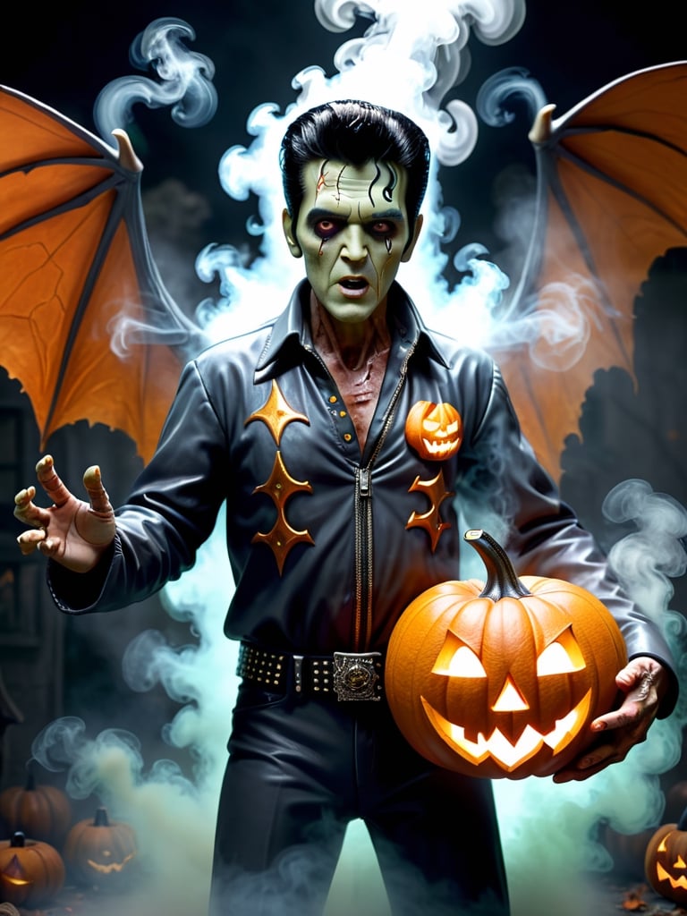  GhostlyStyle, portrait,  digital art of a zombie, Elvis Presley,  holding a halloween pumpkin, smoke, volumetric light, Dynamic pose, clay motion, stop motion,  8k, extremely detailed, high quality, close up , fantasy horror, highly detailed, ghostly wings, symmetrical,  
