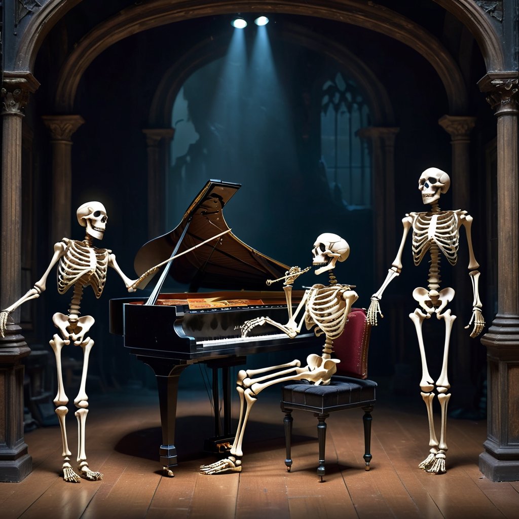 In a dimly lit, eerie hall stood a small ensemble of skeletons, exuding an aura of both macabre and playfulness. The room was adorned with cobwebs, an old, cracked chandelier hanging precariously from the ceiling, and tattered velvet curtains draping the tall, dusty windows.
At the center of the chamber, a worn, wooden stage displayed the bony figures in various positions, as if frozen in mid-performance. On the left, a skeletal musician, adorned with a top hat atop his skull, sat behind a grand piano, his spindly fingers effortlessly dancing across the keys. The empty sockets of his eyes seemed to twinkle mischievously, exuding a sense of joy despite his lifeless state.
To the right of the piano, a tall, lanky skeleton boasting a bow tie with not a single remaining fragment of flesh draped over his ribcage leaned against a double bass, seemingly alive with the melody. Although void of muscles, his bony hands plucked the strings with incredible precision, reverberating low and hauntingly throughout the hall.
Nearby, a ghoulish, grinning skeleton clutched a translucent trumpet with a tangled series of vines and twisting thorny branches seamlessly woven through its empty ribs. As he blew through the instrument with an ethereal breath, the sound resonated with an otherworldly elegance, filling the air with melancholic tones.
Completing the ensemble, a quartet of skeletal musicians stood in harmony at the rear. The first one, holding a violin with its bow resting lightly against the strings, appeared as if caught mid-note, his bone structure showcasing the immense dedication required to master such an instrument. The second skeleton, with a tambourine bone structure fastened securely around its wrist, jingled and shook the instrument in steady rhythm, adding a percussive quality to the performance.
On the far right, a skeleton played a flute, his skeletal fingers effortlessly manipulating the keys. The other musicians seemed to lean towards him, listening intently to the delicate notes emanating from the instrument. The last skeleton, positioned slightly behind the group, held a drumstick poised above a weathered drum. With the slightest tap upon the skin, it produced an echoing boom, resonating through the bone-filled chamber.
As the pale moonlight shone in through a cracked window, casting eerie shadows across the scene, the skeleton musicians continued their ethereal performance. Together, they brought music from beyond the grave, their skeletal forms a testament to the timeless power of art and the ability to create beauty even when devoid of life.
