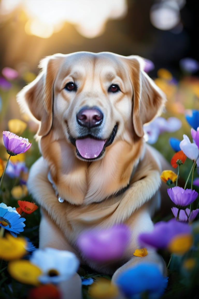 A tranquil portrait of a golden retriever lying in a field of wildflowers, its eyes full of warmth and contentment. The background is a blur of colorful blooms, with sunlight filtering through the petals. The image captures the bond between the animal and its natural environment. Shot with a shallow depth of field to keep the focus on the dog’s expression.

