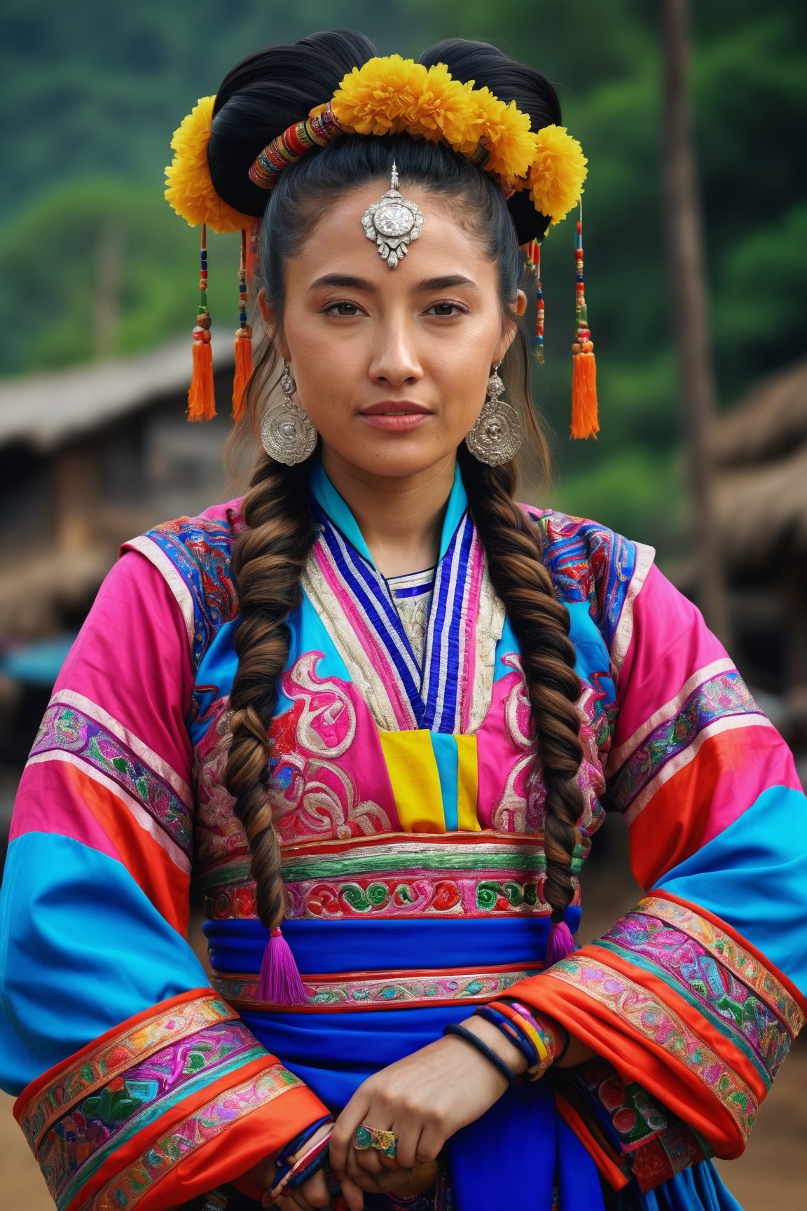 A young Hmong woman in a colorful traditional dress. Her hair is styled elaborately, with flowing long curls, perfectly framing her face and highlighting her striking features. Masterpiece. Cluttered maximalism. Full-body shot. Highly detailed. 64k, Ultra dynamic range, HD, 