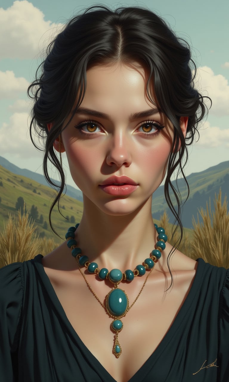 Portrait in digital art technique. The painting shows a woman in a bust, staring with hypnotizing eyes straight ahead at the viewer.  It is worth admiring the meticulousness with which the author depicted every detail of the character's hairstyle and outfit - especially the jewelry element of blue beads decorating the model's slender neck. The image captured the subtlety and sensitivity of the woman depicted. Meticulously reproduced facial features of a West Slavic woman. Protruding cheekbones were perfectly depicted by delicate strokes of the line. The characters' dark eyes give the impression of unusual depth of gaze. The woman's face and neck contrasted with a strongly outlined background depicting a harsh hilly landscape.