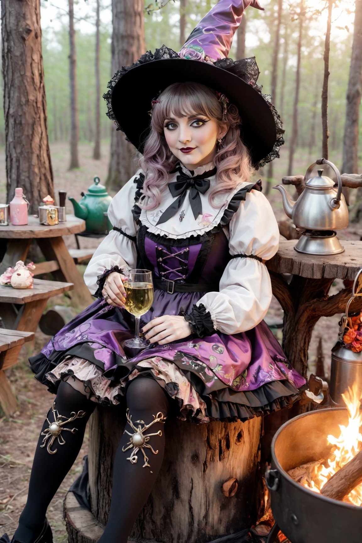 An abstract portrait in tarot card style of a witch dressed in sweet Lolita attire sits on a trunk next to a campfire. Witch hat, arm warmers, tights with floral pattern. She drinks white wine. Next to her stands small table with kettle, bottles and cup. Half smile. Dark forest. Disheveled hair. Close-up shot. Cluttered maximalism. Low-key lighting. High angle. Photorealistic. Haunting and ominuous atmosphere. ani_booster,real_booster,Magical Fantasy style