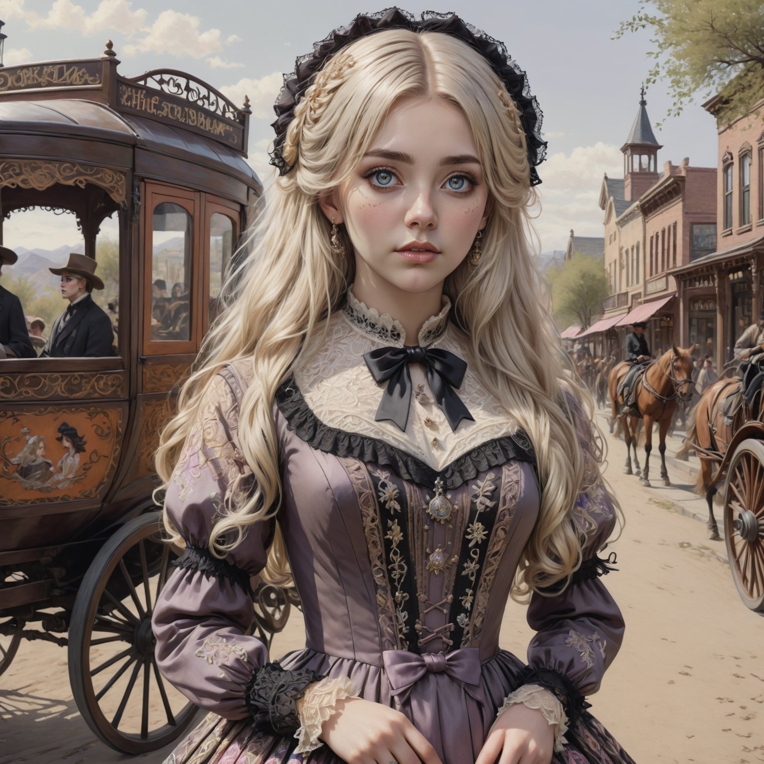 Hyperrealistic art young witch dressed in an willow Gothic Lolita dress embroidered with pastel lace patterns. Long blonde hair, wavy hair, slightly disheveled, and hair between her eyes. She is standing by a stagecoach in a town in the wild west. Extremely high-resolution details, photographic, realism pushed to extreme, fine texture, incredibly lifelike. Cluttered maximalism. Womancore. Dusk. High angle. Practical lighting. Masterpiece. ,lolita_dress,ani_booster,real_booster,Victorian