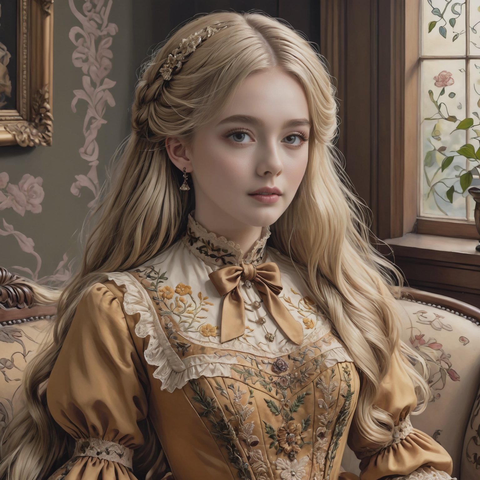 Hyperrealistic art young lady dressed in an ochre Victorian dress embroidered with foliage and vines patterns. Long blonde hair, wavy hair, slightly disheveled, and hair between her eyes. She is sitting on a couch.  Extremely high-resolution details, photographic, realism pushed to extreme, fine texture, incredibly lifelike. Cluttered maximalism. Womancore. Dusk. High angle. Practical lighting. Masterpiece. ,lolita_dress,ani_booster,real_booster,Victorian,,