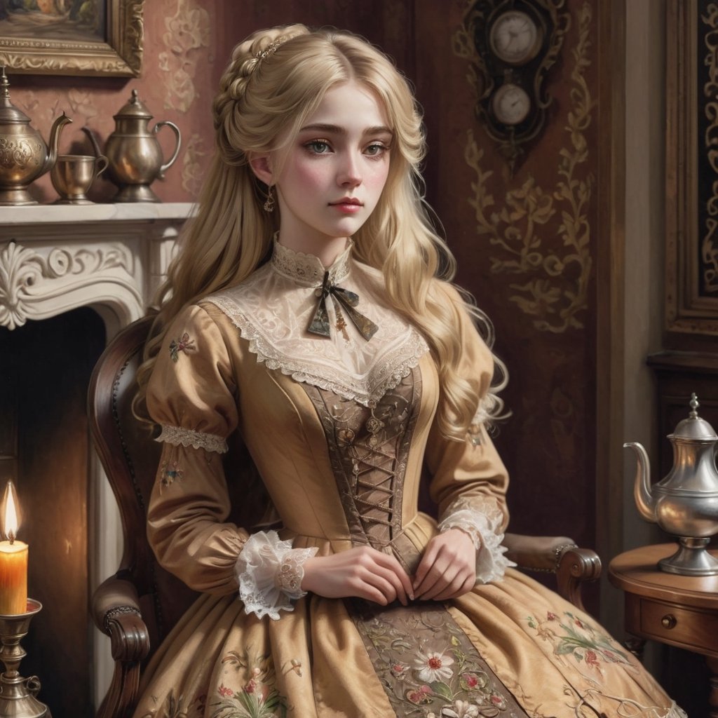 Hyperrealistic art young lady dressed in an ochre Victorian dress embroidered with foliage and vines patterns. Long blonde hair, wavy hair, slightly disheveled, and hair between her eyes. She is sitting on an armchair by a fireplace in her Victorian house. On the table stands a kettle, a cup, and a wine bottle. Kerosene lamp and candlestick. Extremely high-resolution details, photographic, realism pushed to extreme, fine texture, incredibly lifelike. Cluttered maximalism. Womancore. Dusk. High angle. Practical lighting. Masterpiece. ,lolita_dress,ani_booster,real_booster,Victorian