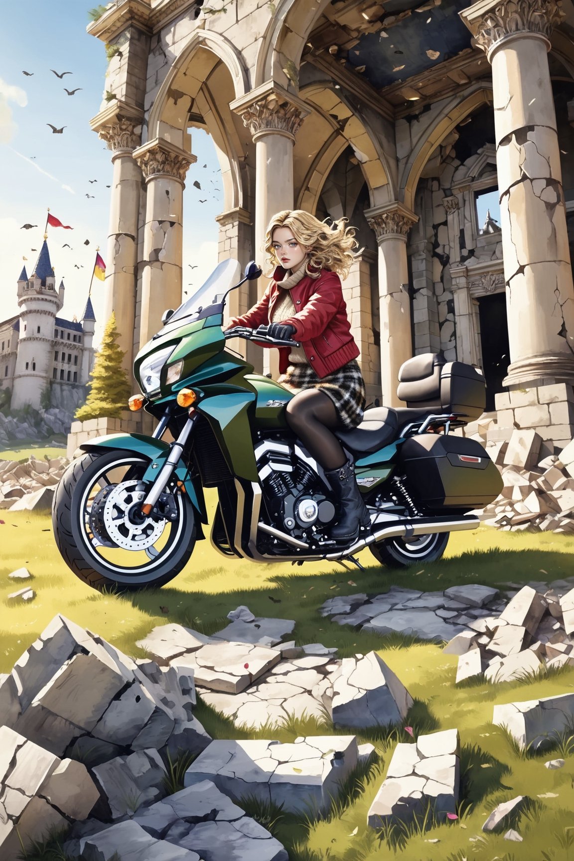 An artistic vision of a female adventurer surveying a castle ruins. She is wearing a warm outfit with a closely fitted jacket, warm woolen skirt, black tights, and ankle boots. She is driving a Kawasaki Vulcan 1700 Voyager motorcycle. Fierce and confident expression, suggestive poses exuding seductive charm. Blonde hair styled into ringlets that framed the face. An abandoned castle, deserted, destroyed sculptures, reliefs on walls, grass, scattered rubble, vibrant colors. Highly detailed. Cluttered maximalism. Close-up shot. Super wide angle, 