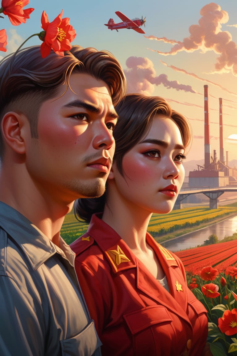 Painting in the style of socialist realism.  A collective farm woman and male factory worker point their fingers at the horizon. Flowers, sunlight, the body, youth, flight, industry, and new technology. The illustration shows the utopianism of communism and the Soviet state. High nose bridge, doe eyes, sharp jawline, plump lips, healthy skin, k-pop makeup. Soft lighting wraps around her face, accentuating every curve and crease. Wide angle. Cluttered maximalism. Mote Kei. Extremely high-resolution details. beautiful landscapes, hyperrealistic precision, and digital art techniques.,REALISTIC