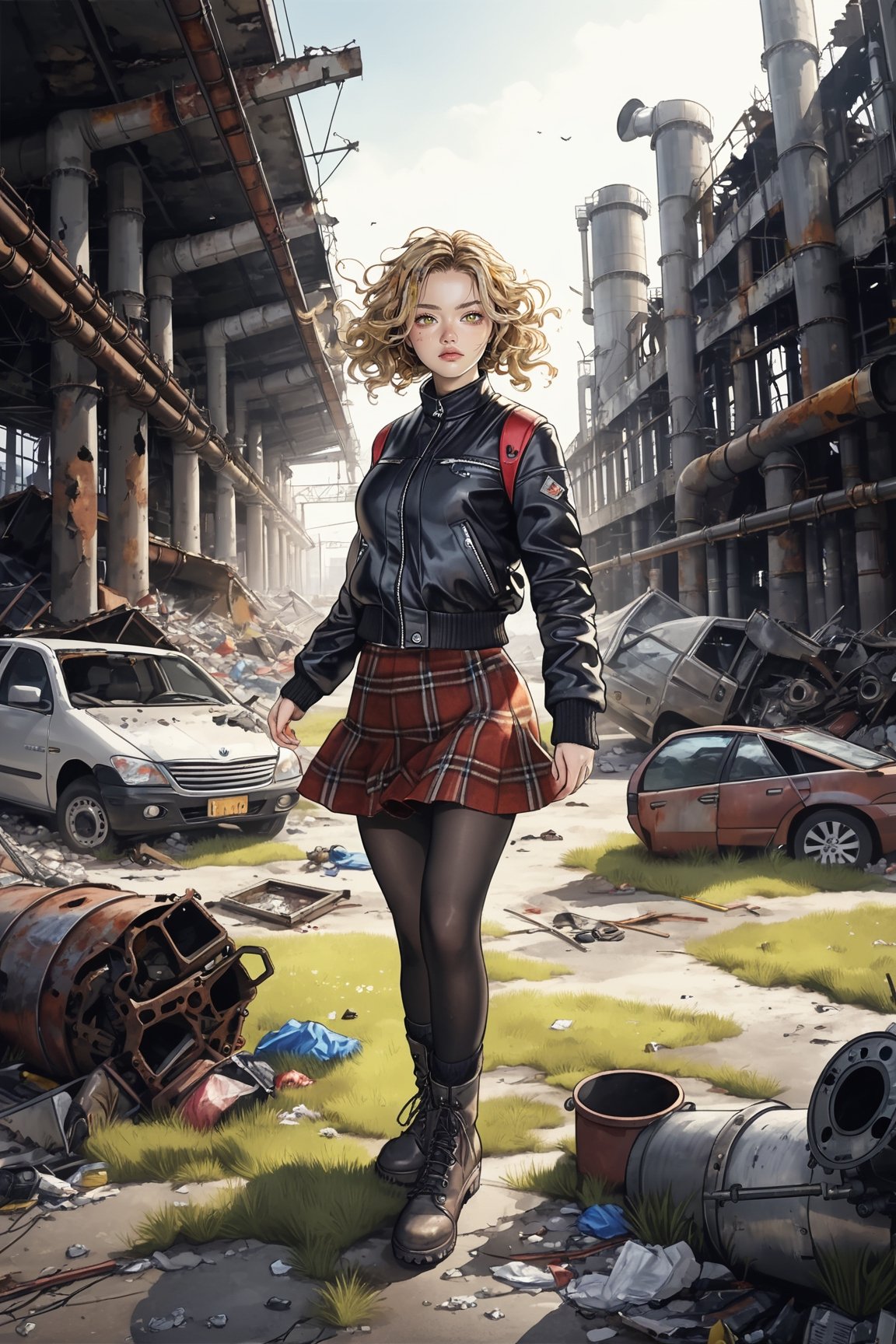 An artistic vision of a female adventurer surveying a destroyed city. She is wearing a warm outfit with a closely fitted jacket, warm woolen skirt, black tights, and ankle boots. She is dancing next to a Kawasaki Vulcan 1700 Voyager motorcycle. Fierce and confident expression, suggestive poses exuding seductive charm. Blonde hair styled into ringlets that framed the face. An abandoned factory, deserted, rusty boilers, pipes, excavator wreck, grass, scattered garbage, vibrant colors. Highly detailed. Delicate minimalism. Close-up shot. Super wide angle, 
