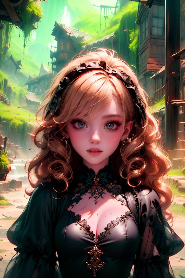 A witch dressed in a striped Gothic lolita dress adorned with red lace and ruffles and floral embroidery is turning to look at the camera. She wears a gold neklace. Her blonde hair is styled in curly looks, with ringlets, slightly disheveled, Strand of hair between the eyes. Makeup creates a doll-like appearance with pale skin, dark eyeliner, and bold, dark lips. Cottage in the mountains in the background. Ominous atmosphere, Artstation, Rembrandt lighting, vibrant colors, intricate details, octane render, 64k, photorealistic, a masterpiece.,Darkness Kitten ,watercolor