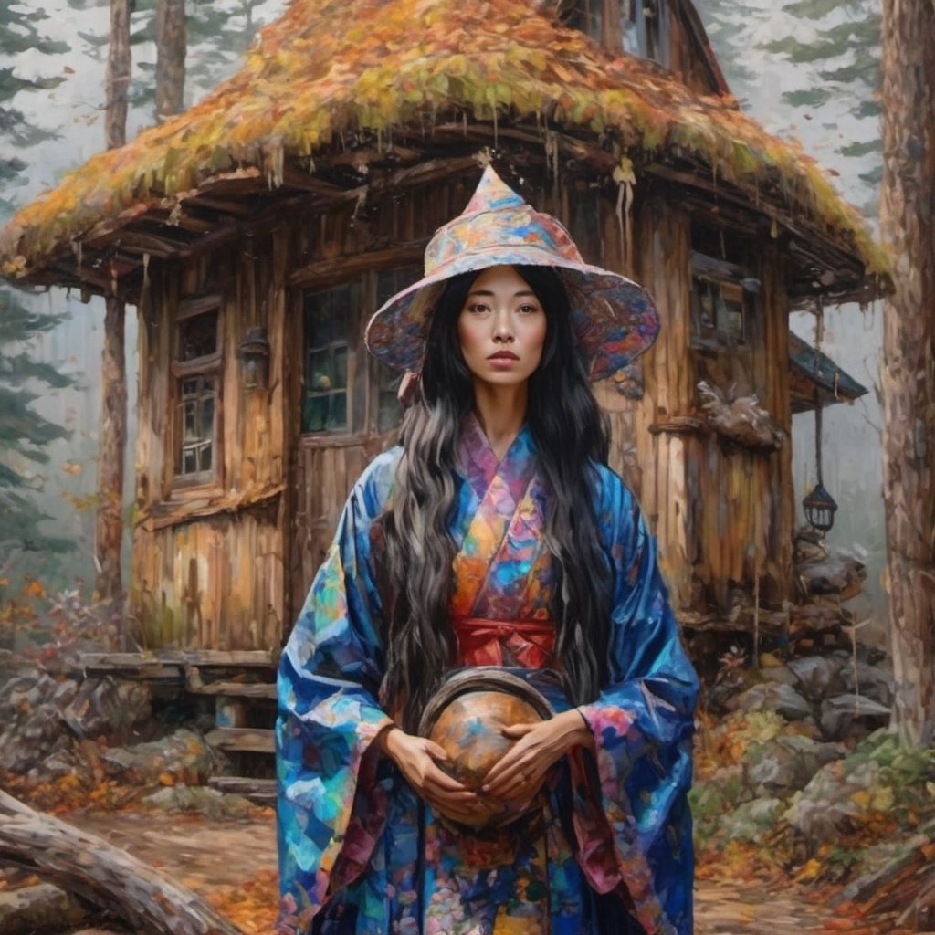 Painting in the style of prismatic portraits, beautiful landscapes, hyperrealistic precision, digital art techniques, impressionist: dappled light, bold, colorful portraits, wide angle. A witch in a wolfskin dress is standing in a forest next to an enormous log house. Satellite antenna no the roof. Long black hair, intricate hairstyle, bonnet. Cluttered maximalism. Womancore. Mote kei. Extremely high-resolution details, photographic, realism pushed to extreme, fine texture, incredibly lifelike.,REALISTIC,japanese art