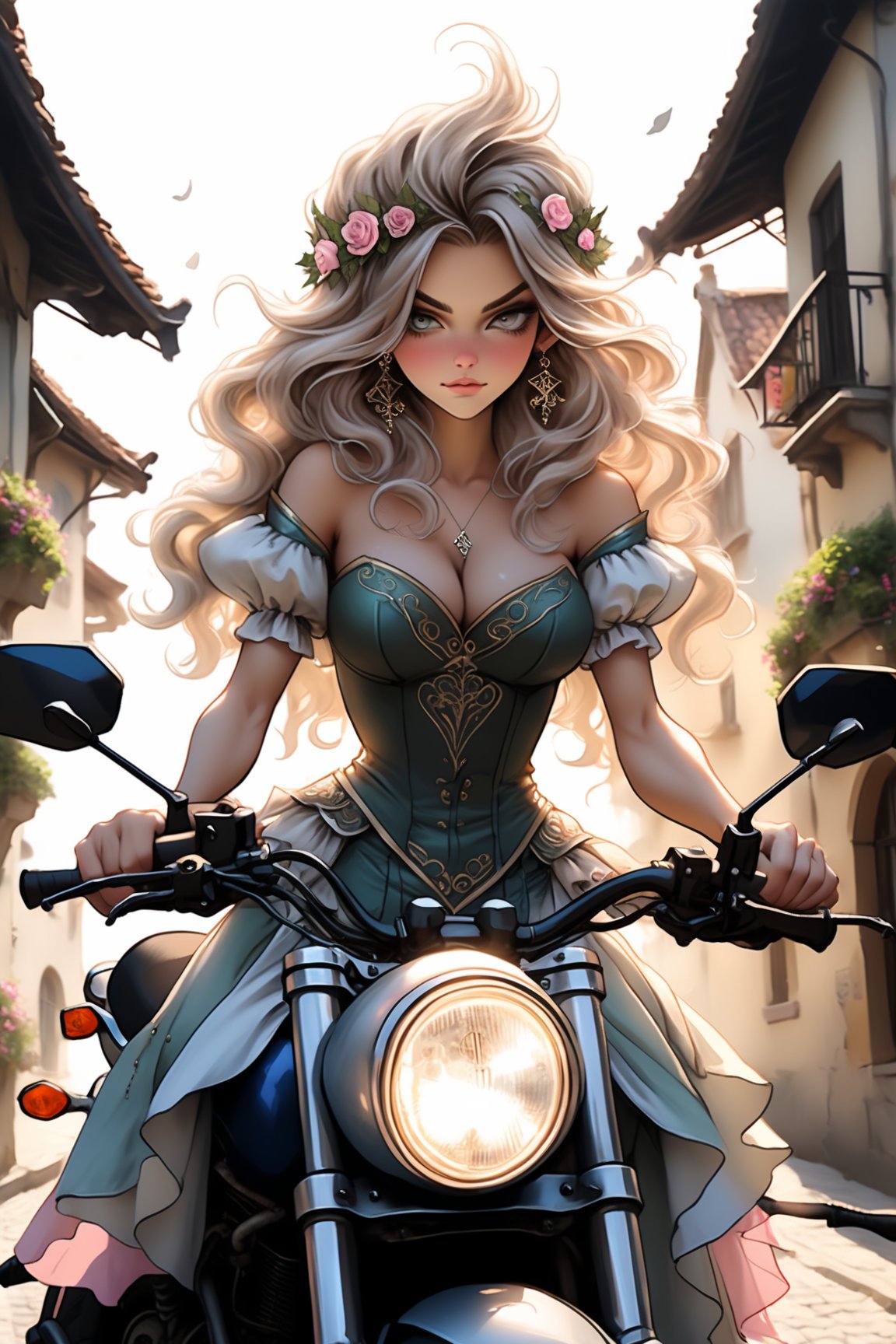 A caricature of an ethereal and skinny elf lady sitting on a Yamaha MT-15 motorcycle cutting a corner of a medieval city street. Beautiful hands, long fingers. The bodice of her 17c dress is stiff, boned, and closely fitted to the body to create a slender waist. Sleeves are full and puffed at the shoulder, narrowing towards the wrist. The skirt is elaborately embellished with embroidery, lace, and ribbons. Hair is styled high on the head, over a padded roll or frame, and is adorned with jewels and feathers. A small, delicate lace cap is worn, and hair is curled or frizzed around the face. Highly detailed. Cluttered maximalism, Pastel colors. Digital artwork, illustrative. Low-key lighting. Super wide angle, High angle.,